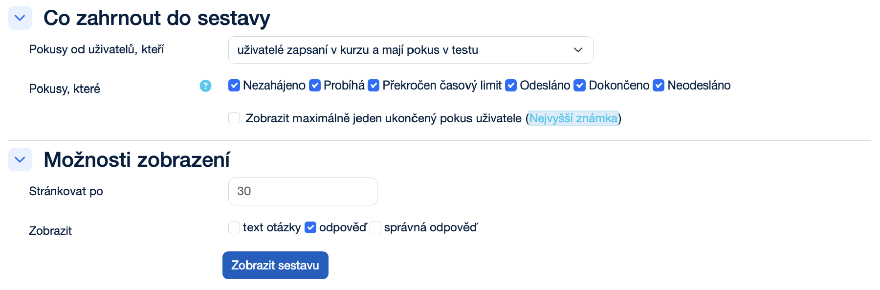 Nastavení přehledu odpovědí