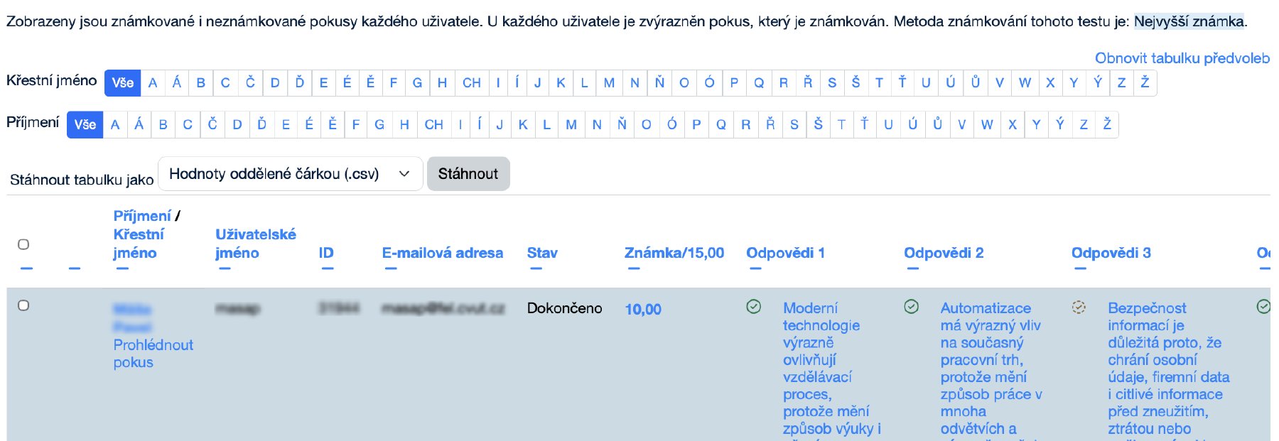 Tabulka odpovědí