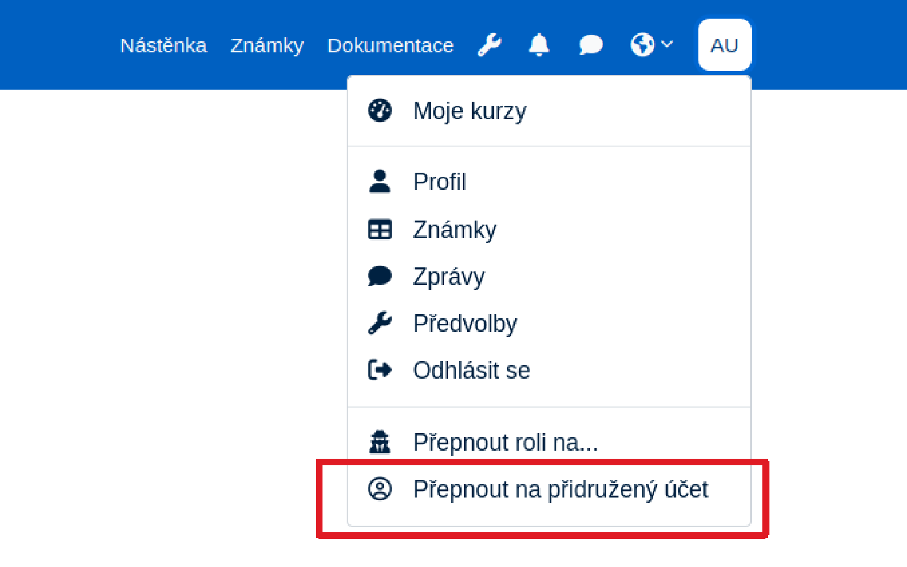 Tlačítko **Přepnout na přidružený účet** je dostupné v uživatelské nabídce na jakemkoliv z Vašich kurzů