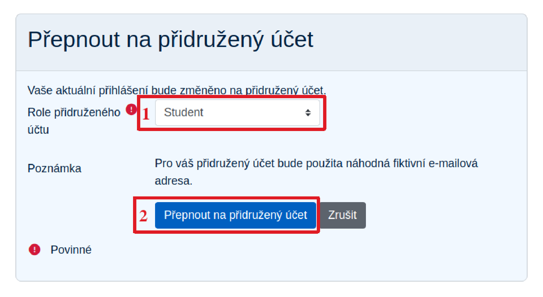 Formulář pro aktivaci přidruženého účtu umožňuje volbu role