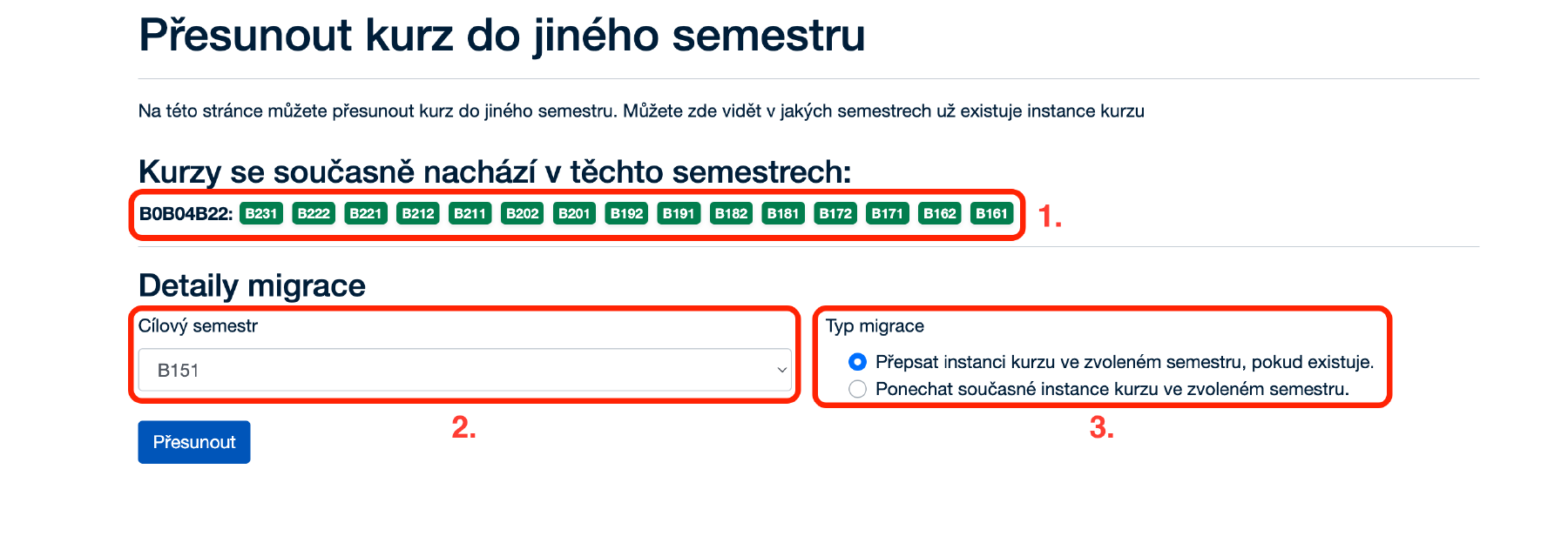 Ukázka Přesunu kurzu do jiného semestru