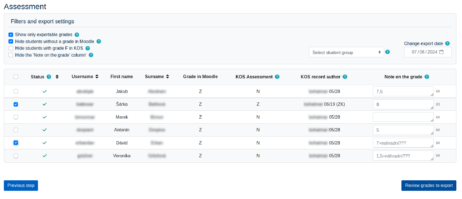 Grade export table